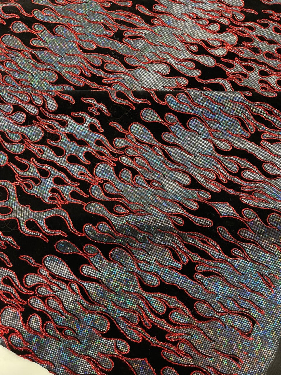 1 Yard Hot Rod Tricot Holographic Spandex Fabric Black Flocking Flames Red Glitter 4 Way Stretch 58-60 inches width